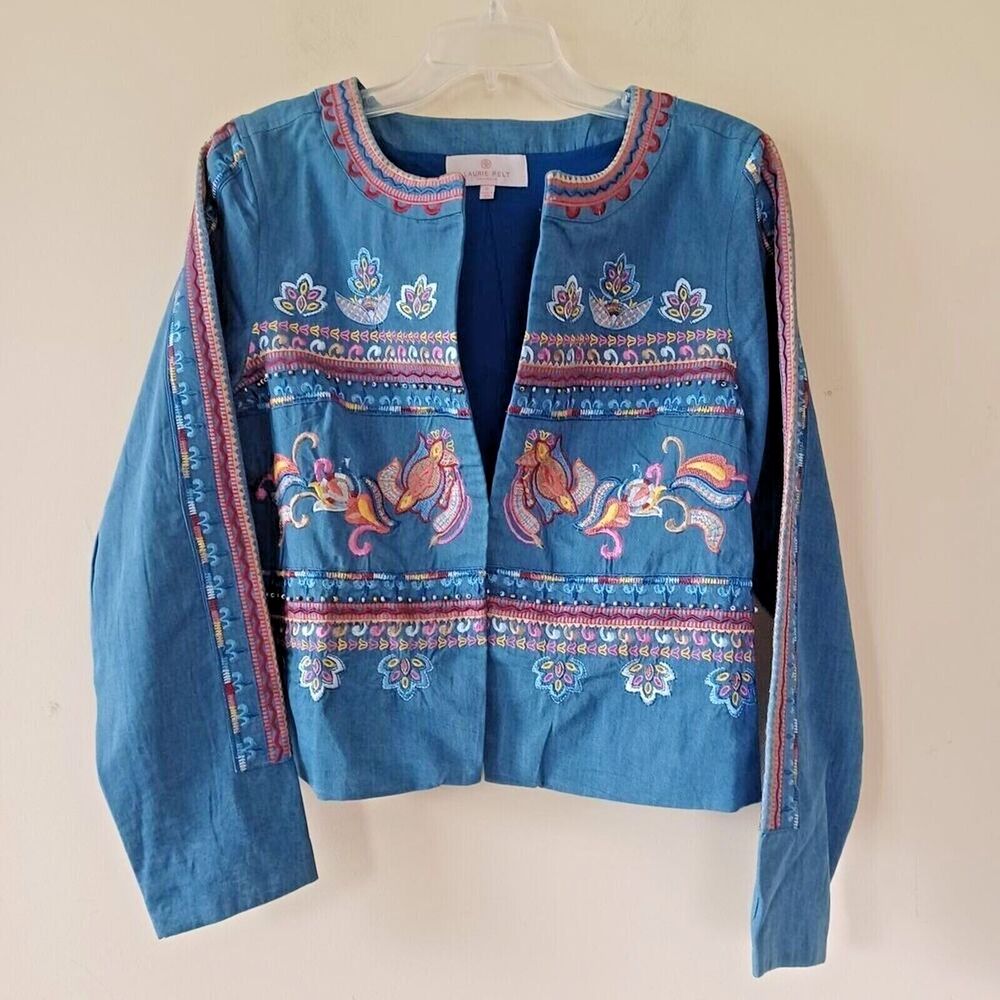 Chambray Jacket Sm Artsy Boho Coastal Western Folk Embroidered Blue Laurie Felt